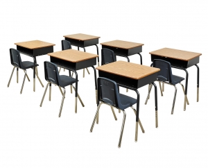 24 Desks w/ Metal Basket & 2414 NVG Chairs