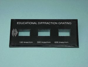 DEMO DIFFRACTION GRATING, 20MM X 10MM, GRATING 100, 300, AND 600 LINES 