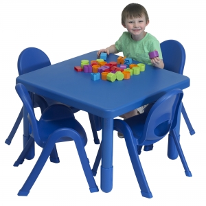 Angeles MyValue 28 Square Preschool 20 H Table and 11 Chairs (4-one each of 4 primary color Chairs) Set - Table is Royal Blue