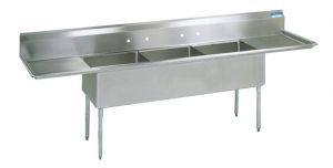High Quality Three Compartment Sink 24 Drainboards, 18 Gauge T304 Stainless Steel, 108W X 2513/16D, Bowl Size 20W X 14D X 20H