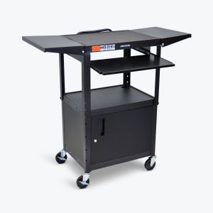Luxor Adjustable Height Black Metal A/V Cart W/ Pullout Keyboard Tray, Cabinet & 2 Drop Leaf Shelves