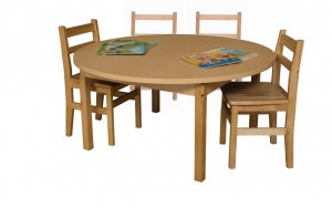 Table & Chair set includes 48 Round HPL Table with Four Hardwood Chairs
